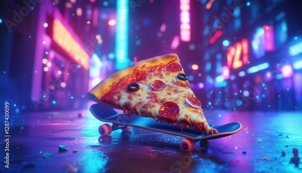 Fototapeta Skateboarding Pizza Slice in a Neon City - Perfect for creative projects, branding, posters, and content related to fast food, street culture, and quirky cartoon designs