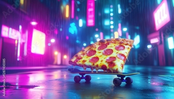 Fototapeta Skateboarding Pizza Slice in a Neon City - Perfect for creative projects, branding, posters, and content related to fast food, street culture, and quirky cartoon designs