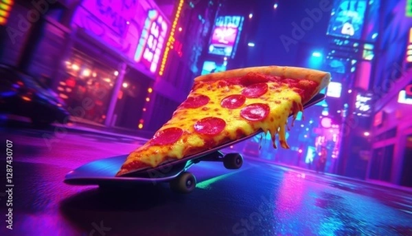 Fototapeta Skateboarding Pizza Slice in a Neon City - Perfect for creative projects, branding, posters, and content related to fast food, street culture, and quirky cartoon designs