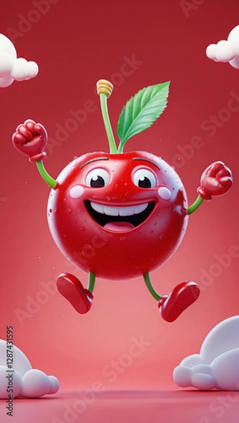 Fototapeta A cheerful cherry character jumps with joy against a red backdrop, surrounded by fluffy white clouds, exuding pure happiness and playfulness.