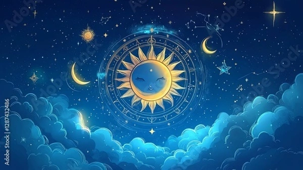 Obraz Smiling Celestial Sun Among Stars And Clouds