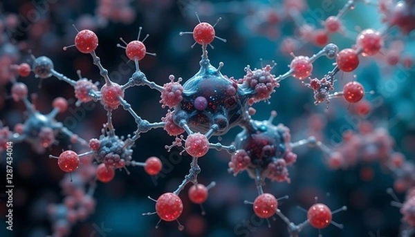 Fototapeta Microscopic View of Connected Cells with Spheres and Complex Structures