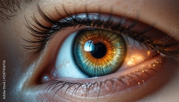Obraz Eye Closeup with Beautiful Golden and Blue Iris and Long Lashes