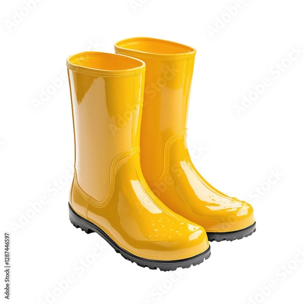 Fototapeta Bright yellow rain boots with glossy finish, perfect for wet weather