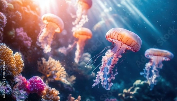 Fototapeta Hidden Underwater Kingdom – Glowing Coral Towers and Drifting Jellyfish in a Fantasy Ocean Realm
