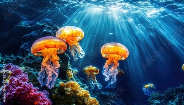Fototapeta Hidden Underwater Kingdom – Glowing Coral Towers and Drifting Jellyfish in a Fantasy Ocean Realm