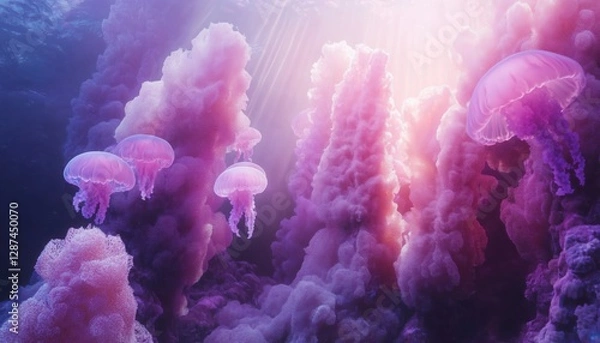 Fototapeta Hidden Underwater Kingdom – Glowing Coral Towers and Drifting Jellyfish in a Fantasy Ocean Realm