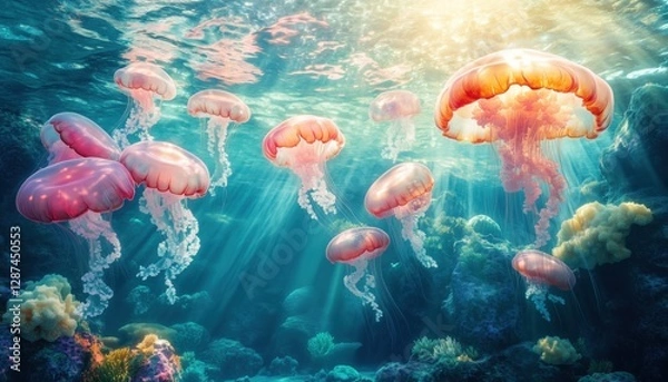 Fototapeta Hidden Underwater Kingdom – Glowing Coral Towers and Drifting Jellyfish in a Fantasy Ocean Realm