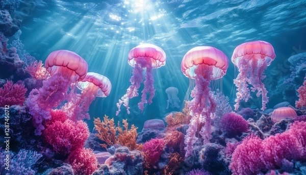 Fototapeta Hidden Underwater Kingdom – Glowing Coral Towers and Drifting Jellyfish in a Fantasy Ocean Realm