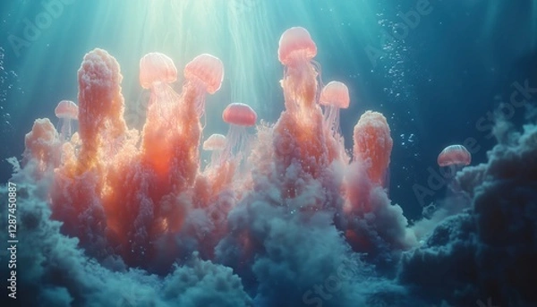Fototapeta Hidden Underwater Kingdom – Glowing Coral Towers and Drifting Jellyfish in a Fantasy Ocean Realm