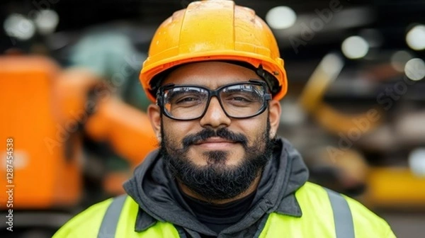 Fototapeta Portrait of a smiling construction worker wearing an orange hard hat and safety vest, with tools in the background