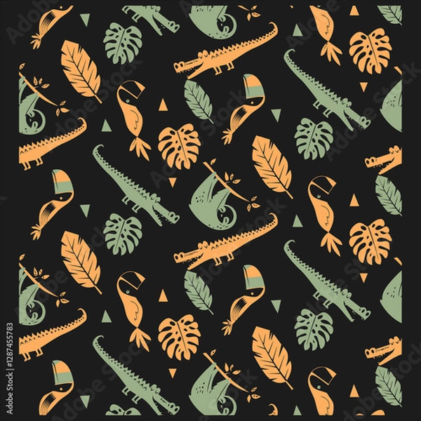 Fototapeta Elegant baby clothes inspired crocodile, soft leaf, soft ruffles, and enchanted forest patterns