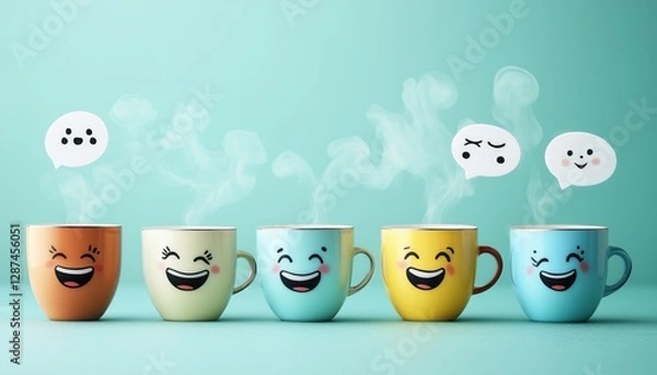 Fototapeta Playful Coffee Cups with Funny Expressions – Quirky and Whimsical Beverage Art - This bright and engaging artwork captures a joyful coffee culture vibe, perfect for cafes, coffee lovers, and creative 