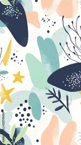 Fototapeta Colorful abstract shapes with stars and leaves create vibrant design