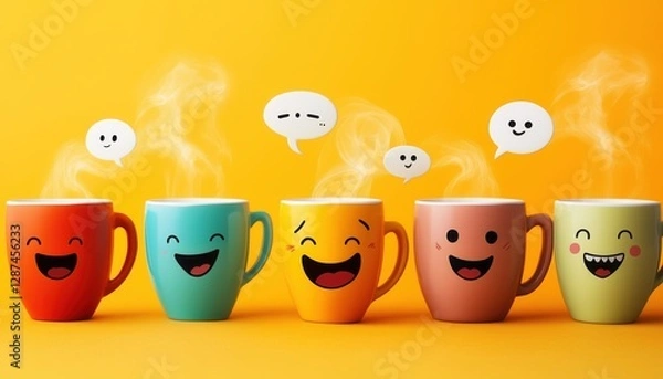 Fototapeta Playful Coffee Cups with Funny Expressions – Quirky and Whimsical Beverage Art - This bright and engaging artwork captures a joyful coffee culture vibe, perfect for cafes, coffee lovers, and creative 