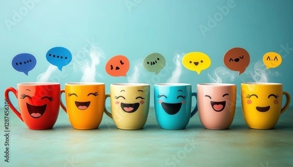 Fototapeta Playful Coffee Cups with Funny Expressions – Quirky and Whimsical Beverage Art - This bright and engaging artwork captures a joyful coffee culture vibe, perfect for cafes, coffee lovers, and creative 