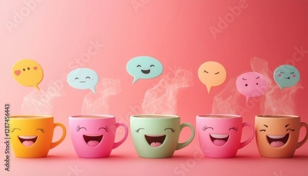 Fototapeta Playful Coffee Cups with Funny Expressions – Quirky and Whimsical Beverage Art - This bright and engaging artwork captures a joyful coffee culture vibe, perfect for cafes, coffee lovers, and creative 