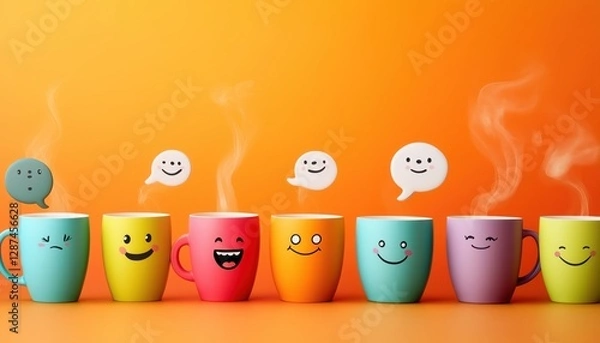 Fototapeta Playful Coffee Cups with Funny Expressions – Quirky and Whimsical Beverage Art - This bright and engaging artwork captures a joyful coffee culture vibe, perfect for cafes, coffee lovers, and creative 