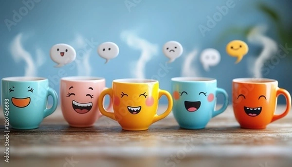 Fototapeta Playful Coffee Cups with Funny Expressions – Quirky and Whimsical Beverage Art - This bright and engaging artwork captures a joyful coffee culture vibe, perfect for cafes, coffee lovers, and creative 