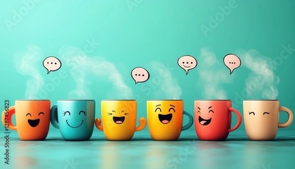 Fototapeta Playful Coffee Cups with Funny Expressions – Quirky and Whimsical Beverage Art - This bright and engaging artwork captures a joyful coffee culture vibe, perfect for cafes, coffee lovers, and creative 