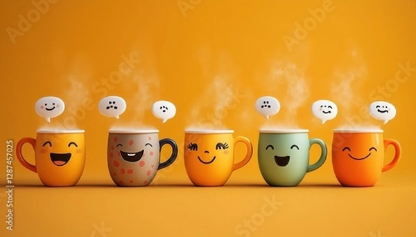Fototapeta Playful Coffee Cups with Funny Expressions – Quirky and Whimsical Beverage Art - This bright and engaging artwork captures a joyful coffee culture vibe, perfect for cafes, coffee lovers, and creative 