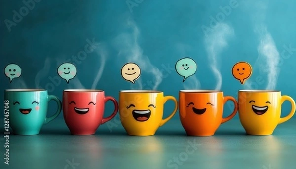 Fototapeta Playful Coffee Cups with Funny Expressions – Quirky and Whimsical Beverage Art - This bright and engaging artwork captures a joyful coffee culture vibe, perfect for cafes, coffee lovers, and creative 