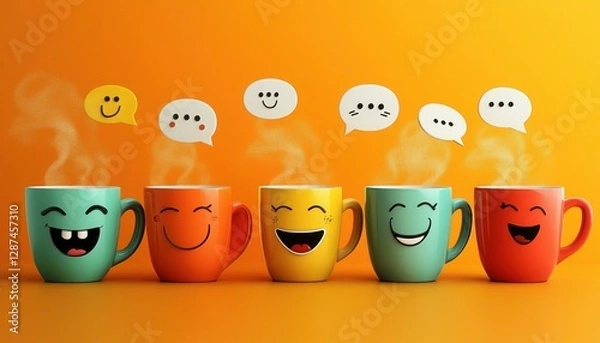 Fototapeta Playful Coffee Cups with Funny Expressions – Quirky and Whimsical Beverage Art - This bright and engaging artwork captures a joyful coffee culture vibe, perfect for cafes, coffee lovers, and creative 