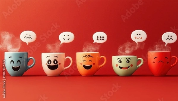 Fototapeta Playful Coffee Cups with Funny Expressions – Quirky and Whimsical Beverage Art - This bright and engaging artwork captures a joyful coffee culture vibe, perfect for cafes, coffee lovers, and creative 