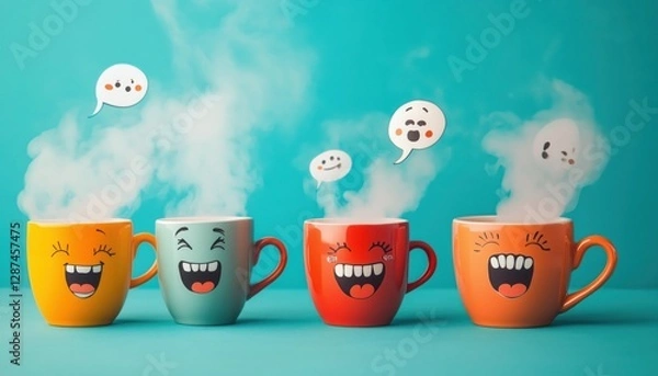 Fototapeta Playful Coffee Cups with Funny Expressions – Quirky and Whimsical Beverage Art - This bright and engaging artwork captures a joyful coffee culture vibe, perfect for cafes, coffee lovers, and creative 