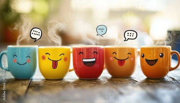 Fototapeta Playful Coffee Cups with Funny Expressions – Quirky and Whimsical Beverage Art - This bright and engaging artwork captures a joyful coffee culture vibe, perfect for cafes, coffee lovers, and creative 