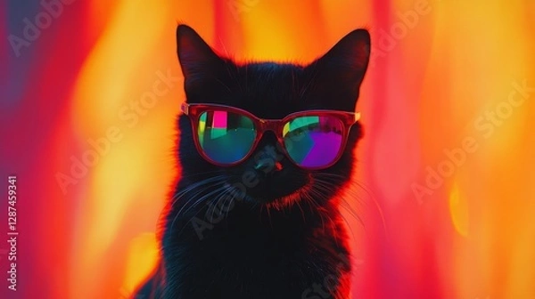 Fototapeta Black cat wearing colorful reflective sunglasses against a vivid orange and red background. Fashionable and cool animal portrait concept