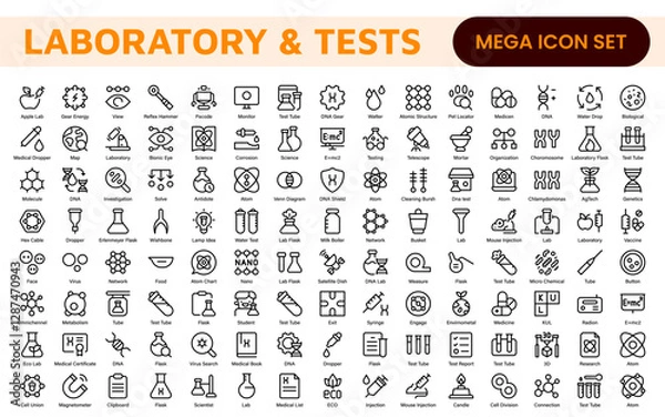 Fototapeta Laboratory and Tests Icon Set. A precise collection of icons for scientific testing and research, perfect for enhancing educational materials, lab websites, and health applications.