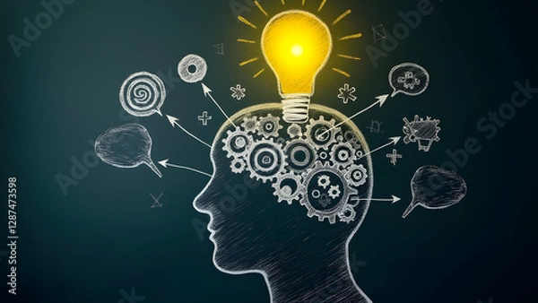 Fototapeta A chalkboard head illustration with gears and a glowing lightbulb, surrounded by icons like a target and puzzle pieces. Symbolizes innovation, problem-solving, and teamwork.