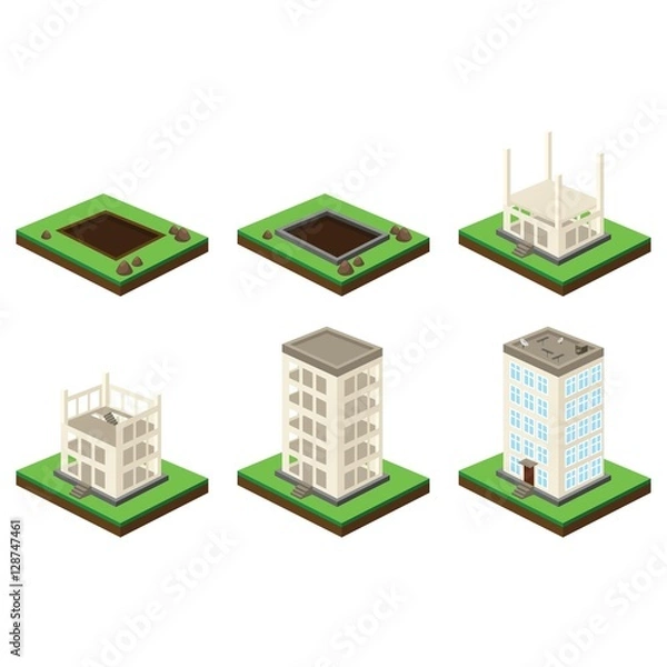 Obraz Skyscraper building process. Isometric illustration of house construction. Six stages.