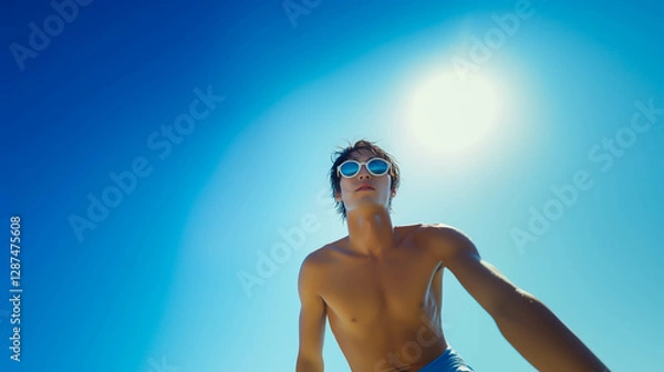 Obraz 青空の下、下に有るものを拾おうとする水着姿の日本人男性