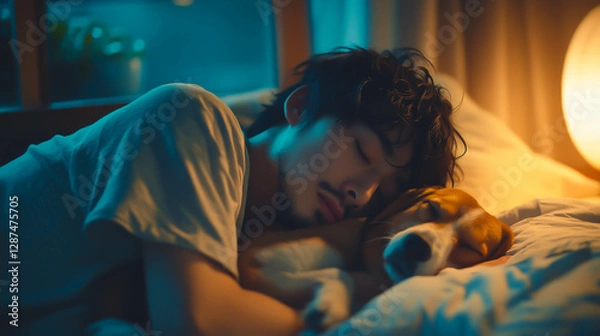 Obraz 愛犬と一緒に寝る日本人男性のイラスト