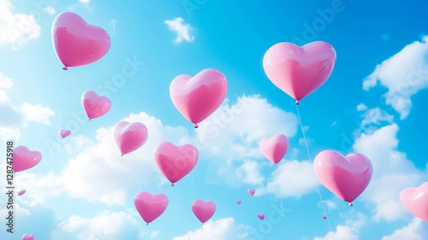 Obraz 青空へ浮かぶハート形のピンクの風船