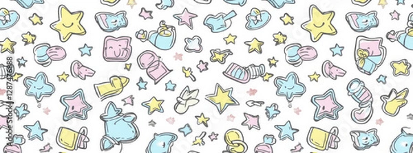 Fototapeta Cute pastel pattern with stars, animals, and playful shapes