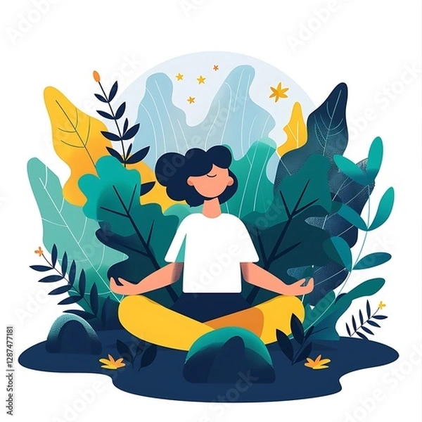 Fototapeta A simple flat design representing mental wellness, with a person surrounded by nature, practicing grounding exercises, and connecting with the environment, 8k UHD, suitable for high-quality 