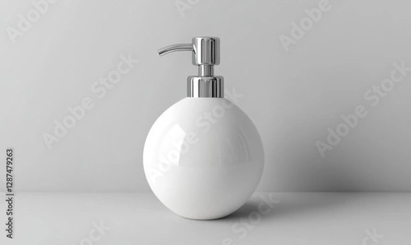 Fototapeta Round white soap dispenser on white surface, minimalist bathroom