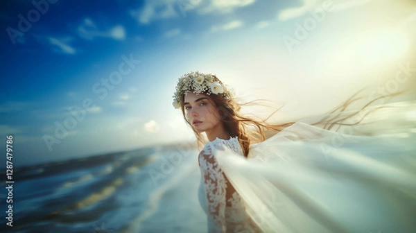 Obraz ウェディングドレスを着た欧米人、女性モデルが海を背景に撮影