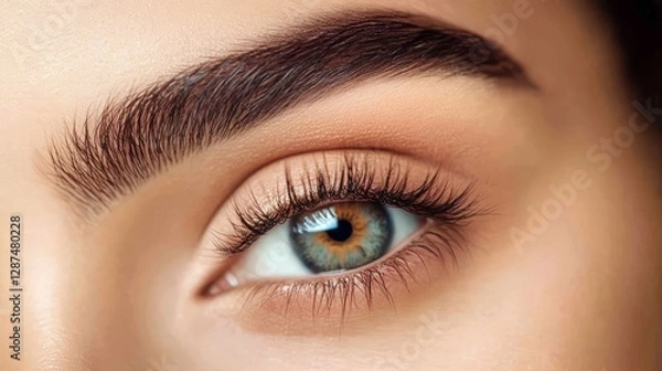 Fototapeta Close-up of a womans eye with long eyelashes, soft window light from left,