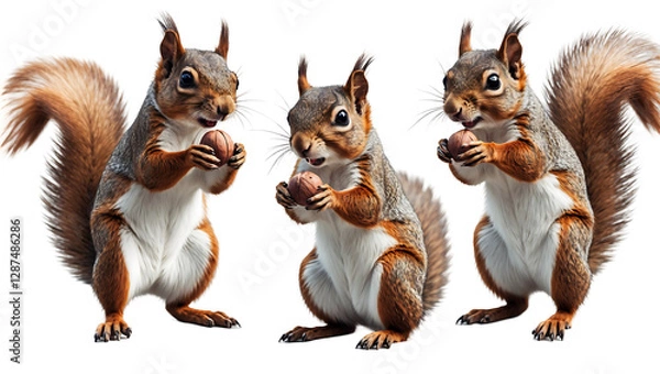 Fototapeta A set of squirrels in different poses isolated on a clean PNG background, cute woodland animals in various positions for nature-themed designs