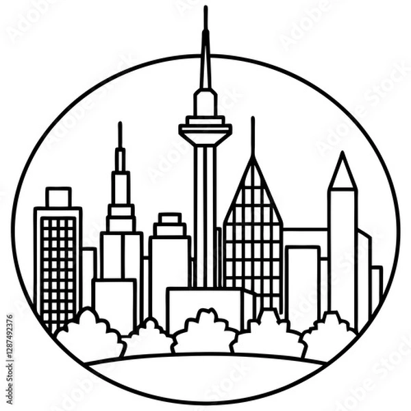 Fototapeta Single Line Metropolitan Skyline Drawing with Architectural Details