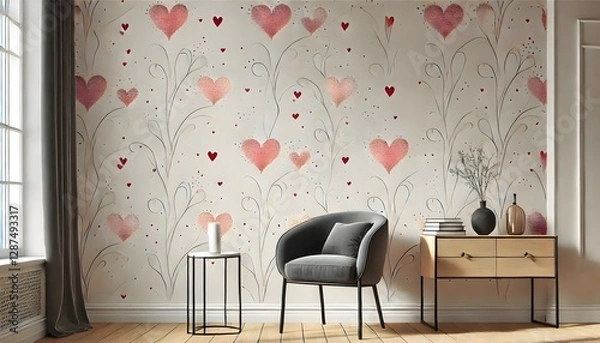 Fototapeta A chic, modern love wallpaper with a pattern of red hearts scattered over a plain background. The simple yet striking design combines elegance with a contemporary twist, making it perfect for a stylis