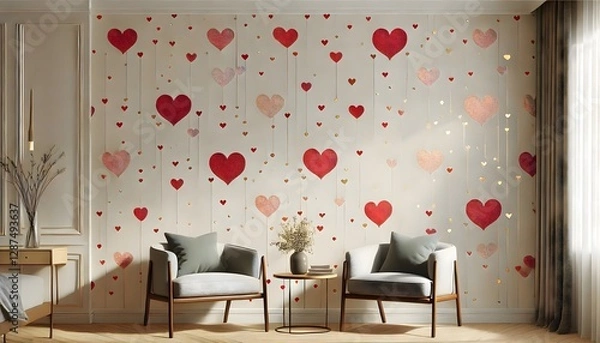 Fototapeta A chic, modern love wallpaper with a pattern of red hearts scattered over a plain background. The simple yet striking design combines elegance with a contemporary twist, making it perfect for a stylis