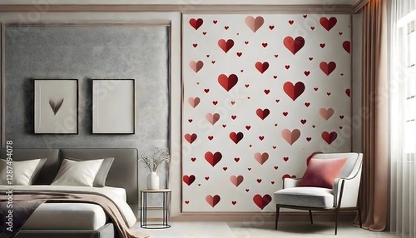 Fototapeta A chic, modern love wallpaper with a pattern of red hearts scattered over a plain background. The simple yet striking design combines elegance with a contemporary twist, making it perfect for a stylis