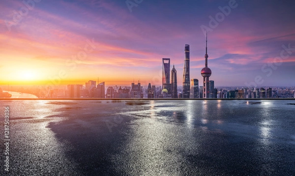 Obraz Shanghai skyline at sunrise with reflection on wet ground