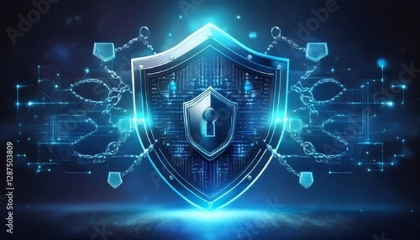 Fototapeta A futuristic shield symbolizing cybersecurity, featuring digital elements and a lock icon, representing protection and safety in the online world.