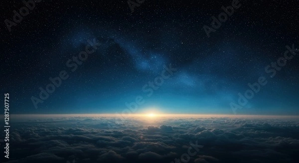 Fototapeta Stunning view of a starry night sky above clouds with a sunrise on the horizon